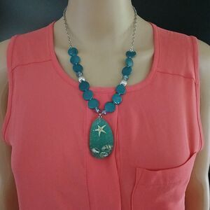 Beachy Bohemian Starfish & Shells Pendant Women's Beaded Green Costume Jewelry